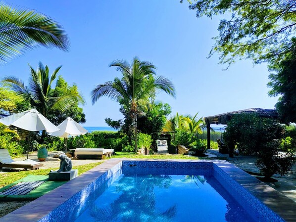 A swimming pool surrounded by lush greenery and palm trees, with a clear blue sky above.