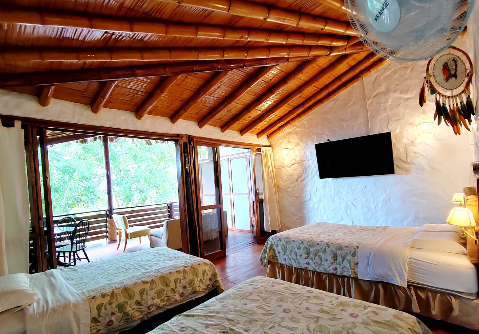 A room with two beds, a television, and a view of greenery outside.