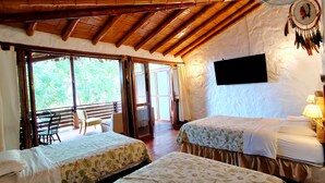 Une chambre avec deux lits, une télévision et une vue sur la verdure.