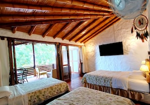 A room with two beds, a television, and a view of greenery outside.