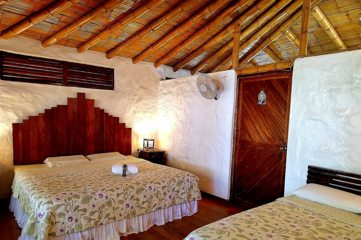 Una habitación con una cama, una mesita de noche, un ventilador de pared y una puerta de madera.