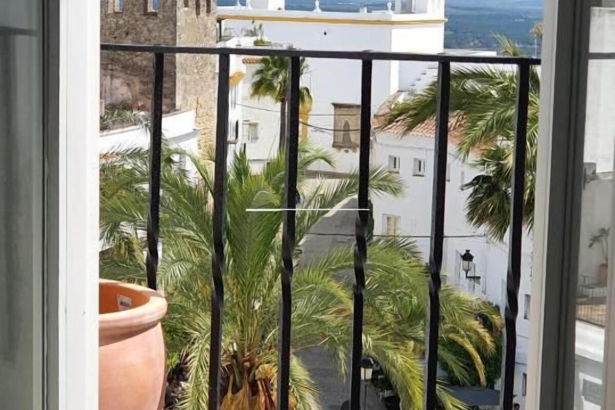 A balcony with a view of a historic building, palm trees, and a clear sky.