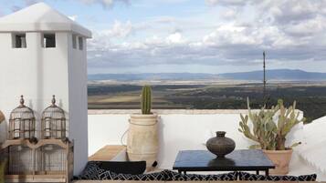 Una terraza con pared blanca, una mesa, dos cactus en macetas, una jaula de pájaros y vistas al campo.