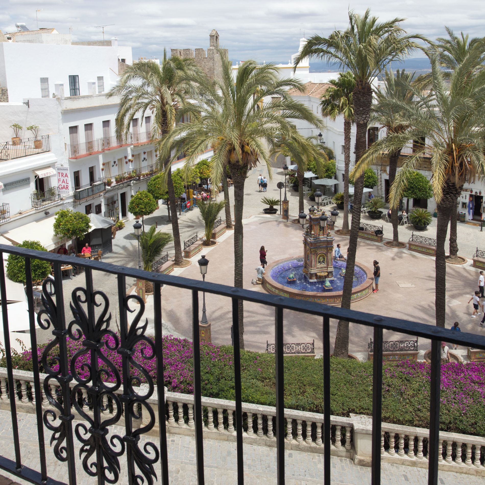 Un patio con palmeras, una fuente y vista al mar.