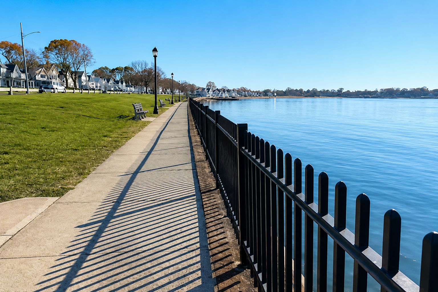 Eine Uferpromenade mit Betonweg, Bänken und Metallgeländer.