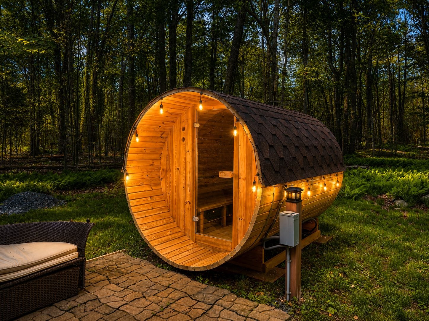A wooden barrel-shaped structure with a door, string lights, and a small table with a cushion.