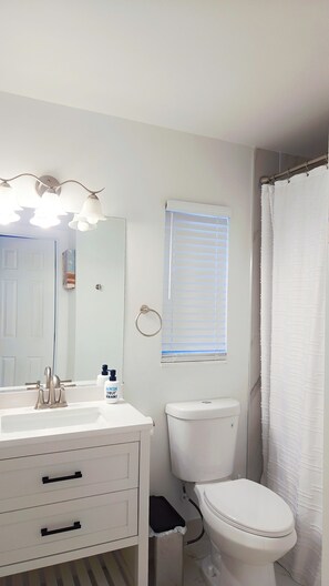 A bathroom with a white sink, mirror, and toilet. There is a window with blinds and a shower curtain. - "BeeNBee" 3-Bedroom Duplex In the heart of Ybor. (Tampa)