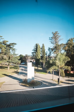Un área pavimentada con una estructura blanca central, rodeada de árboles y un cielo despejado.
