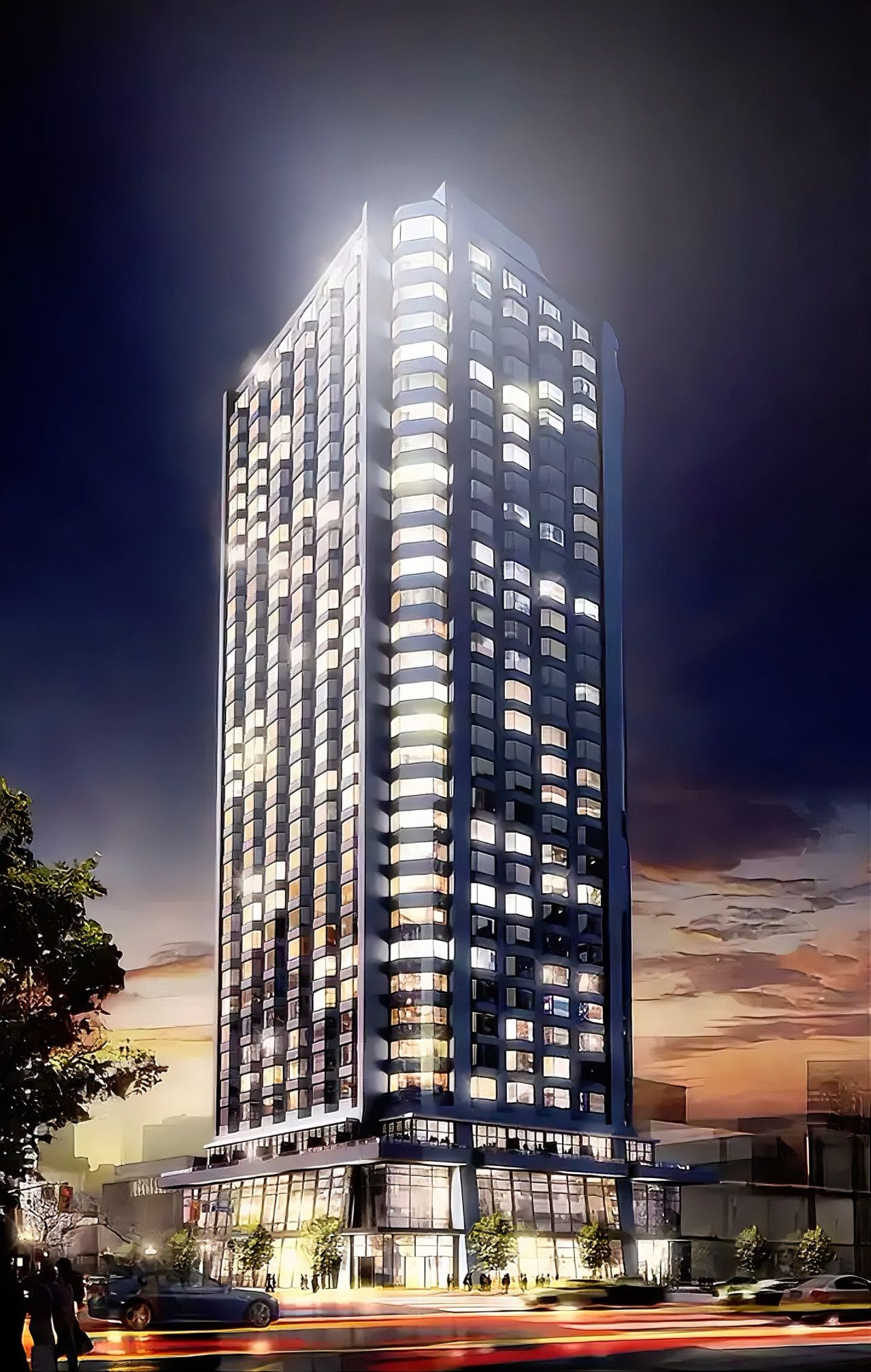 Een hoog gebouw met meerdere verdiepingen, grote ramen en een modern architectonisch ontwerp.
