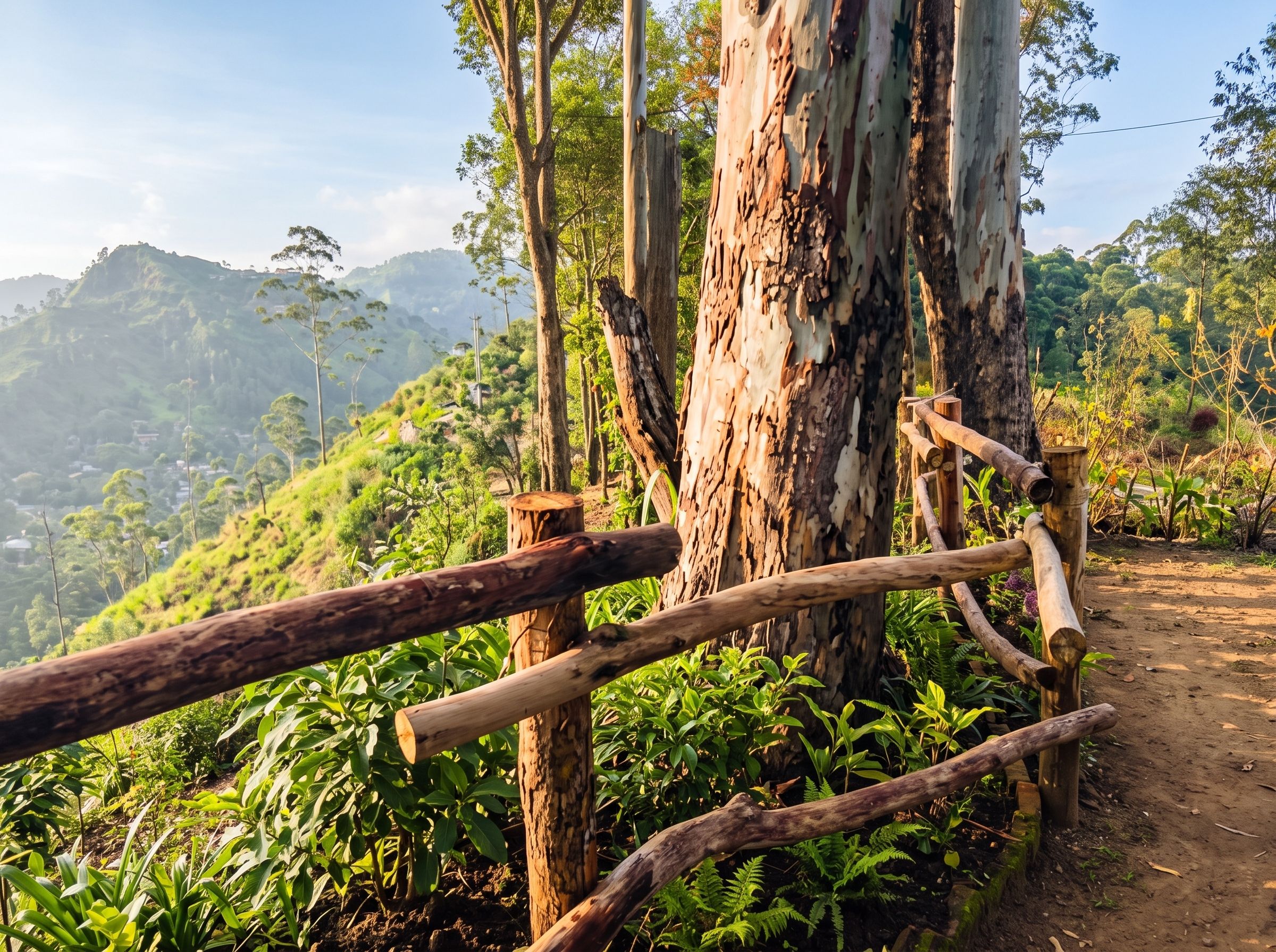 A dirt path with wooden railings, surrounded by lush greenery and eucalyptus trees.