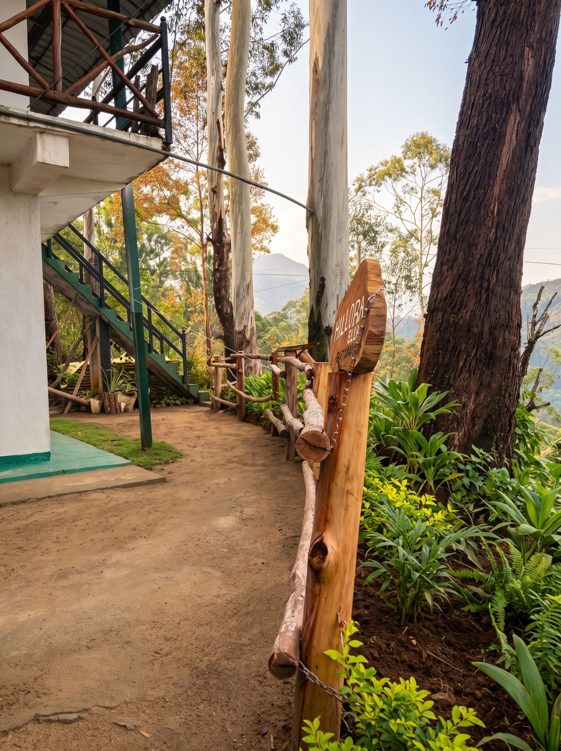 A dirt path leading to a staircase with a metal railing, surrounded by trees and greenery.