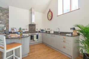 Una cocina con pared de piedra, un reloj, un lavamanos y una planta.