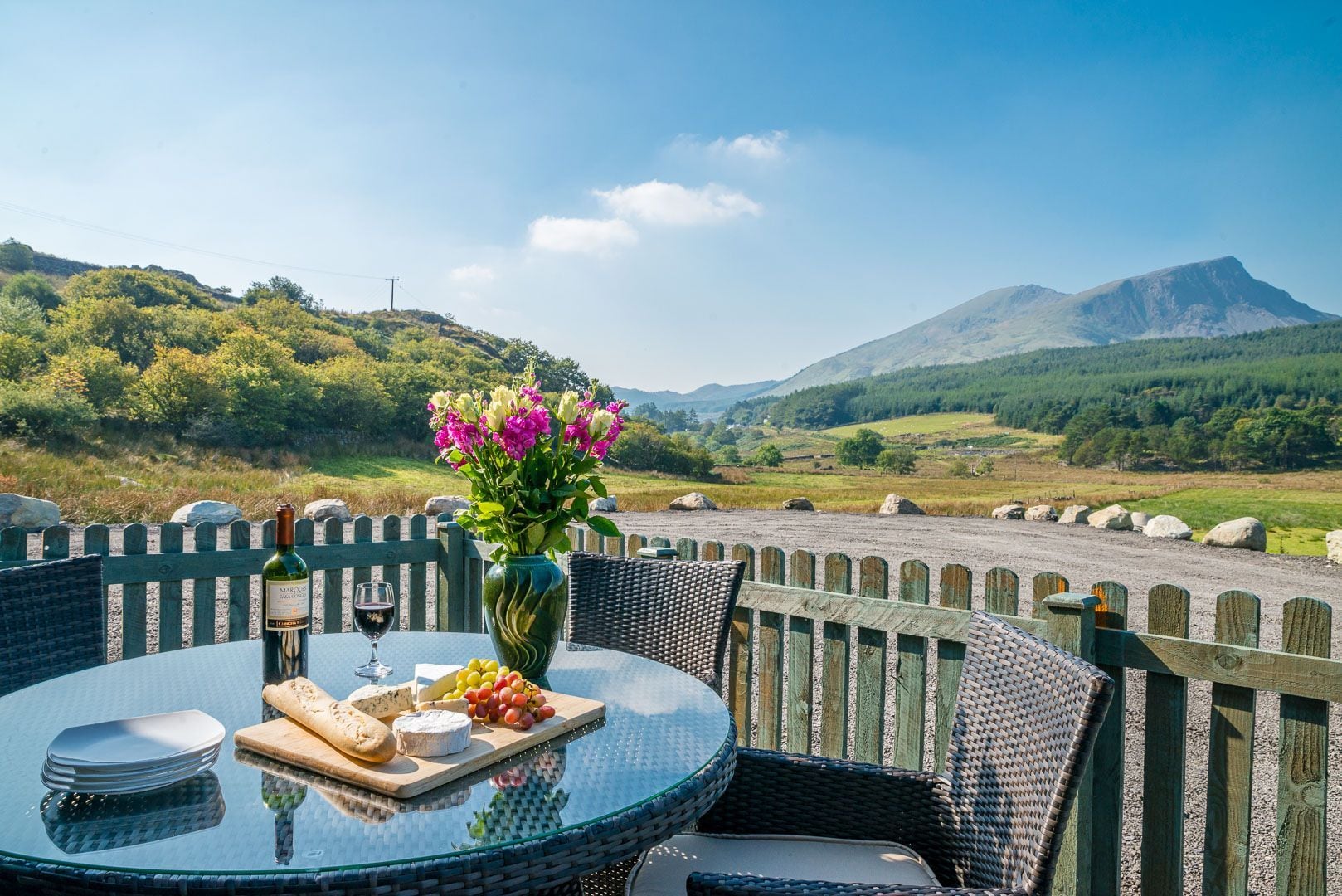 A table with a bottle, glass, cheese, fruit, and flowers set against a scenic mountain backdrop.