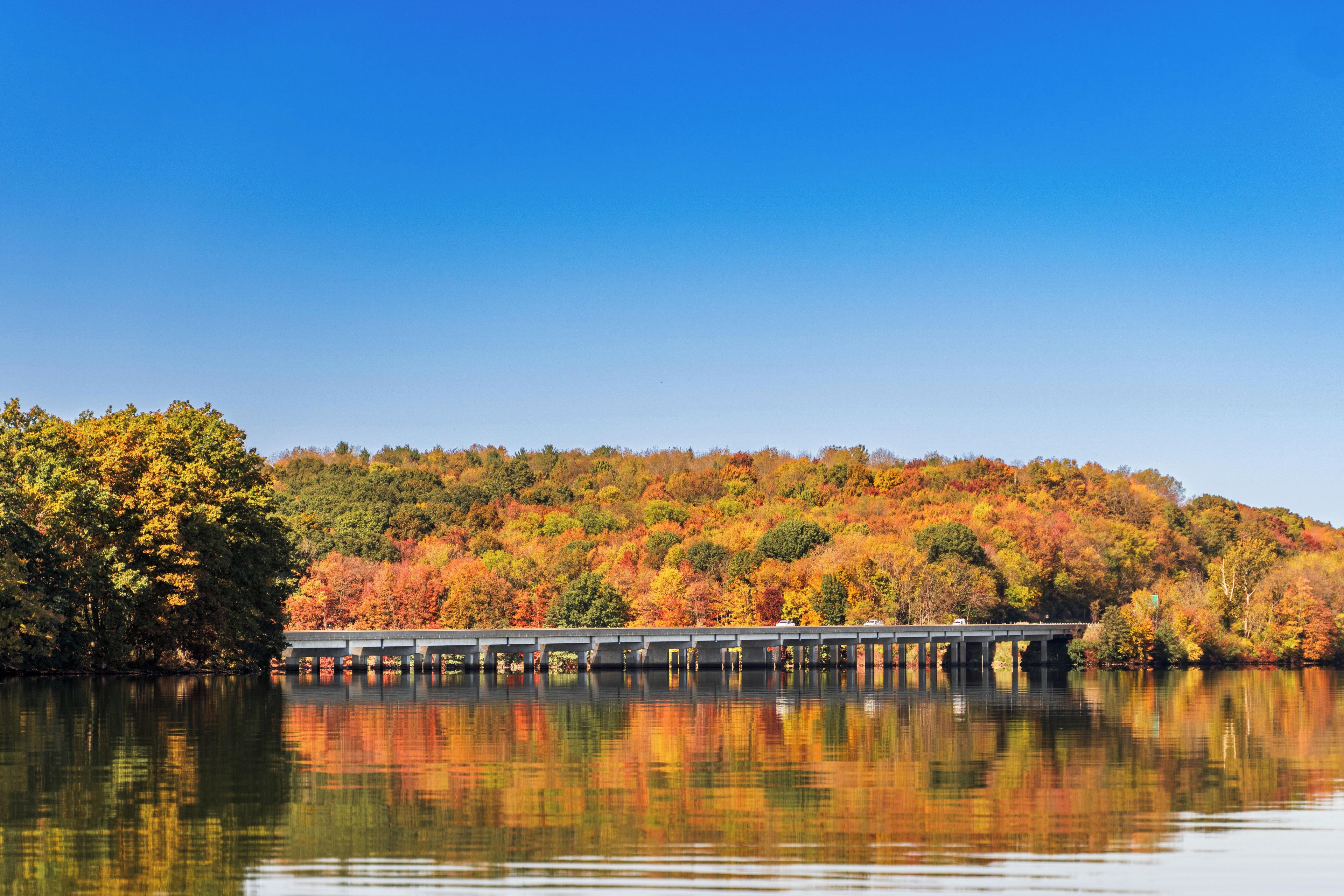 A bridge over a calm body of water with autumn foliage in the background.