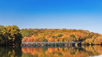 A bridge over a calm body of water with autumn foliage in the background.
