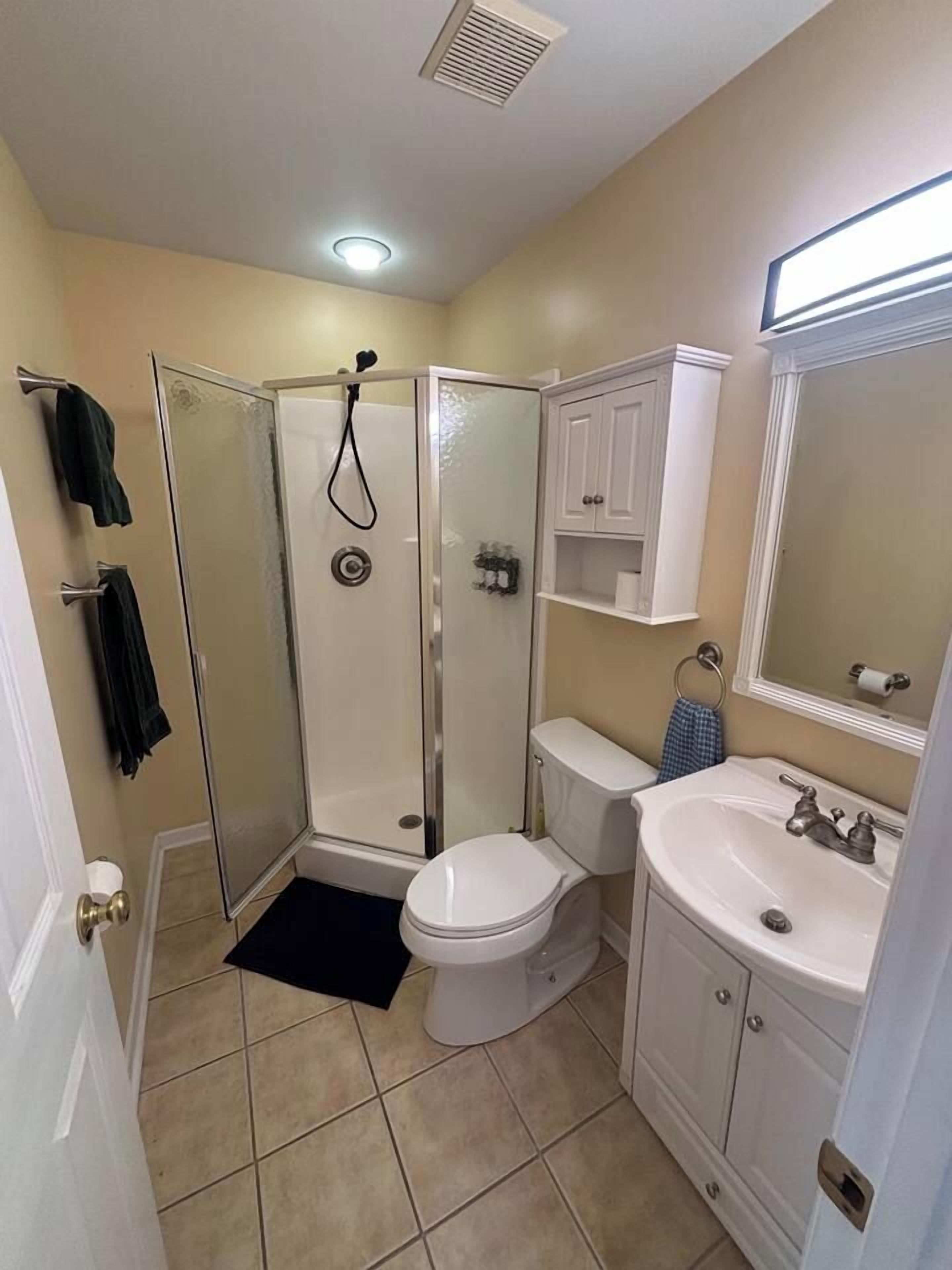 Hair dryer, towels, soap, shampoo