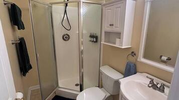 Hair dryer, towels, soap, shampoo