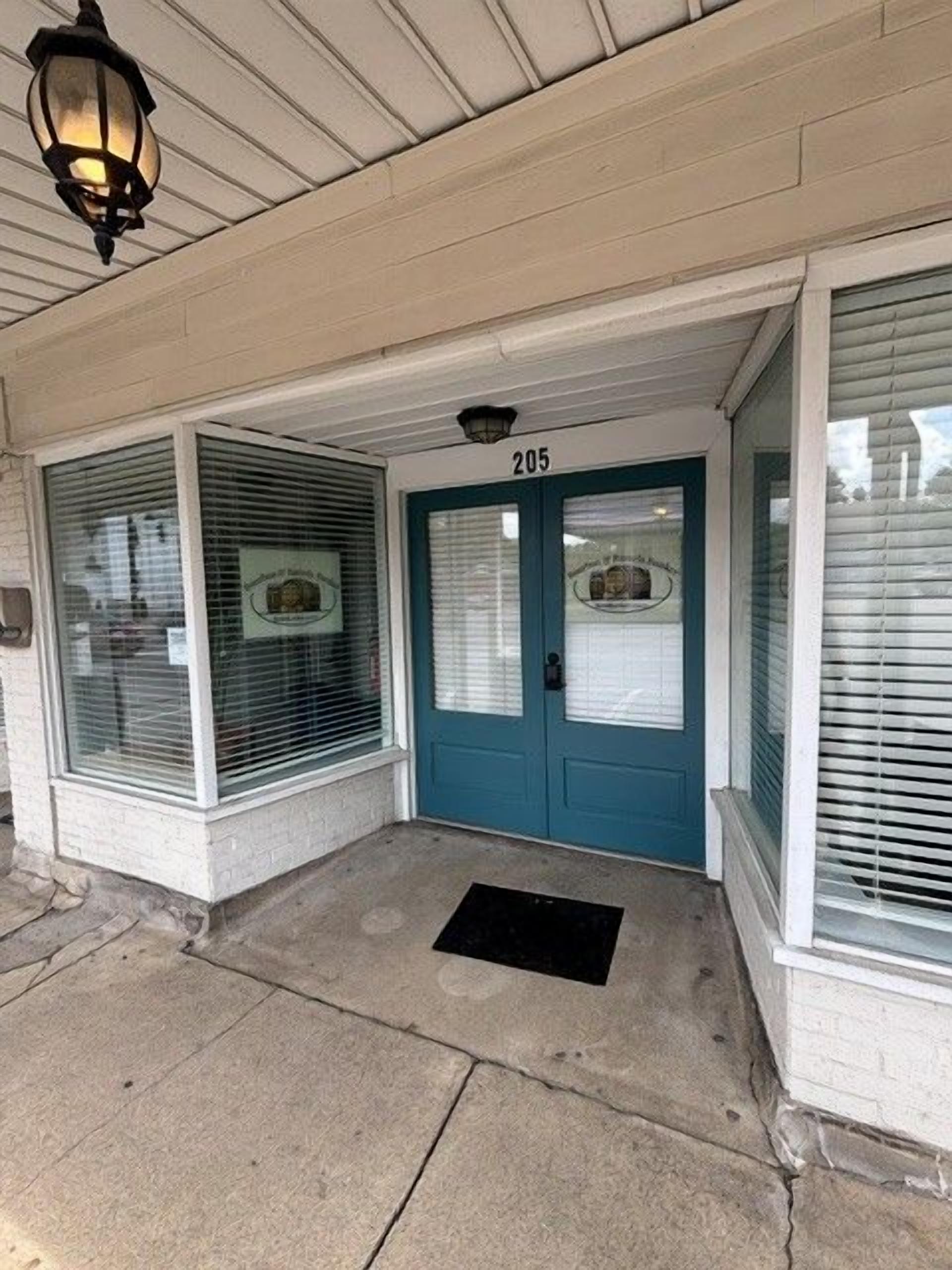 A building entrance with a blue door, numbered 205, and a black doormat.