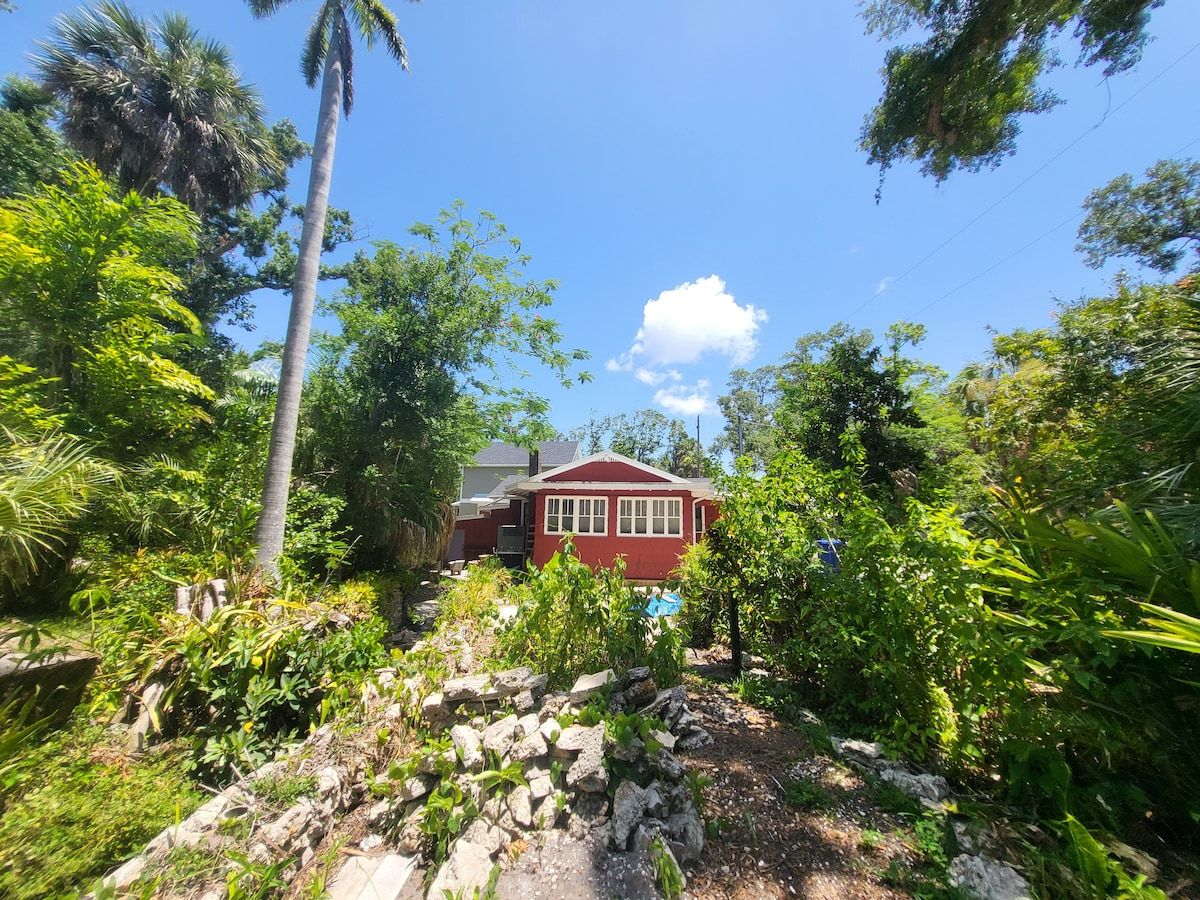 A red house surrounded by lush greenery and a clear blue sky.