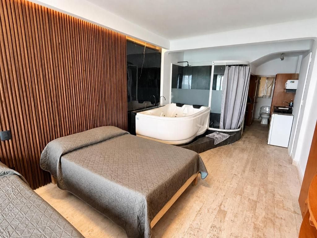 A bedroom with a bed, a bathtub, and a small kitchenette.