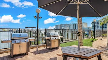 An outdoor patio area with barbecue grills, a picnic table, and a large umbrella providing shade.