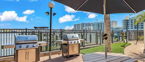 An outdoor patio area with barbecue grills, a picnic table, and a large umbrella providing shade.