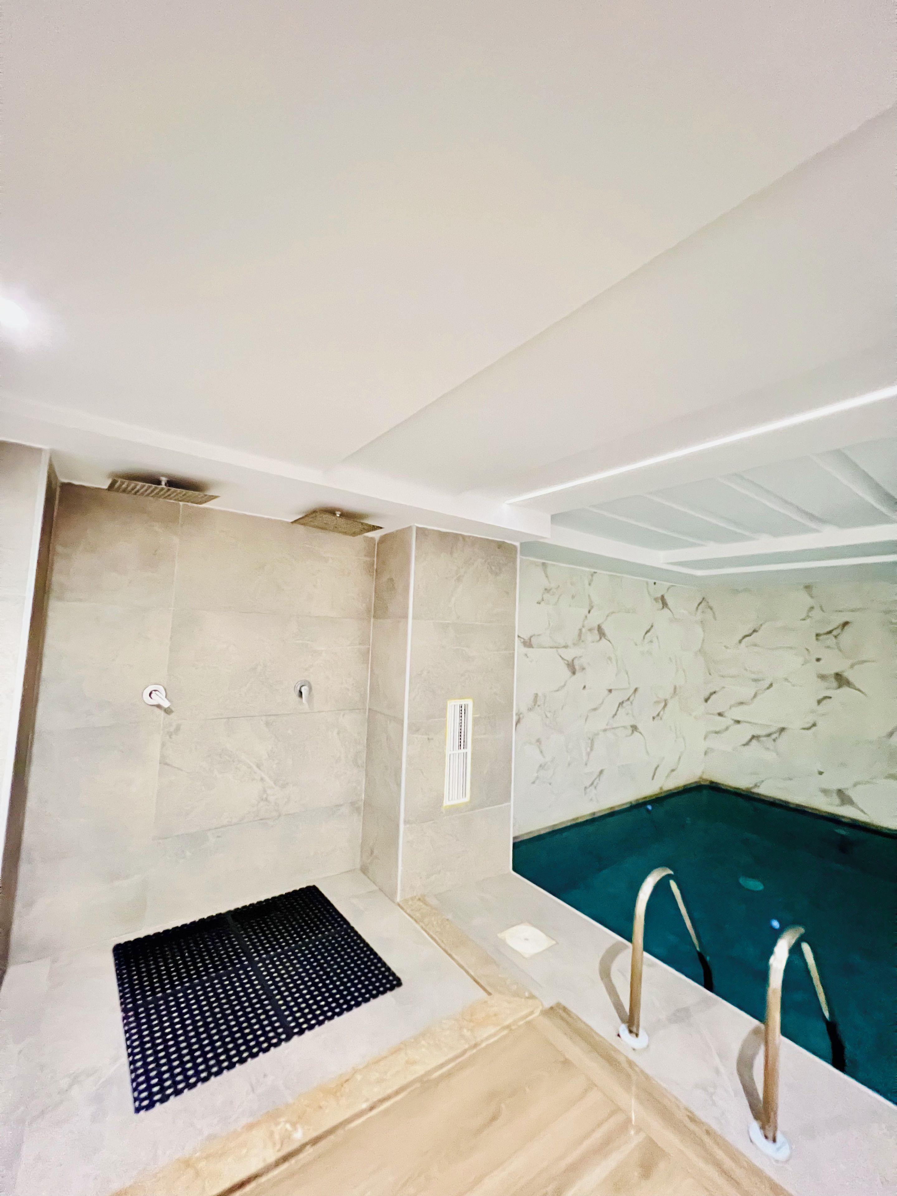 Ein modernes Badezimmer mit einer eingebauten Whirlwanne, einer Duschkabine und einem Pool.