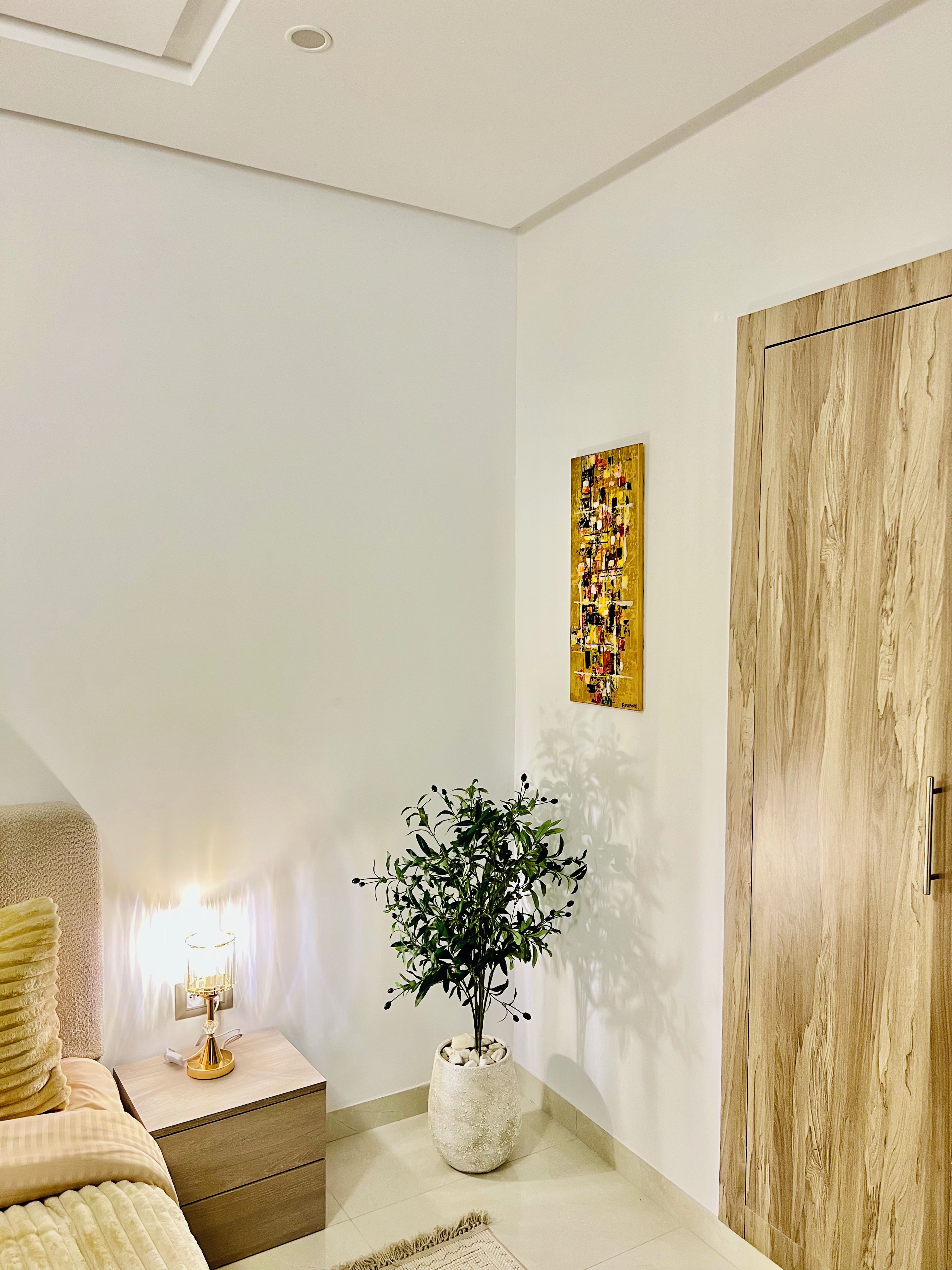 Een slaapkamer met een bed, nachtkastje, lamp, potplant, kunstwerk en een kledingkast.