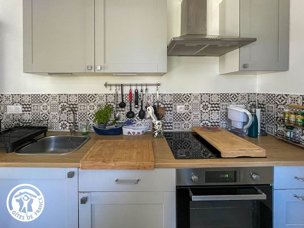 A kitchen with a sink, stove, oven, and a countertop with various utensils and a plant.