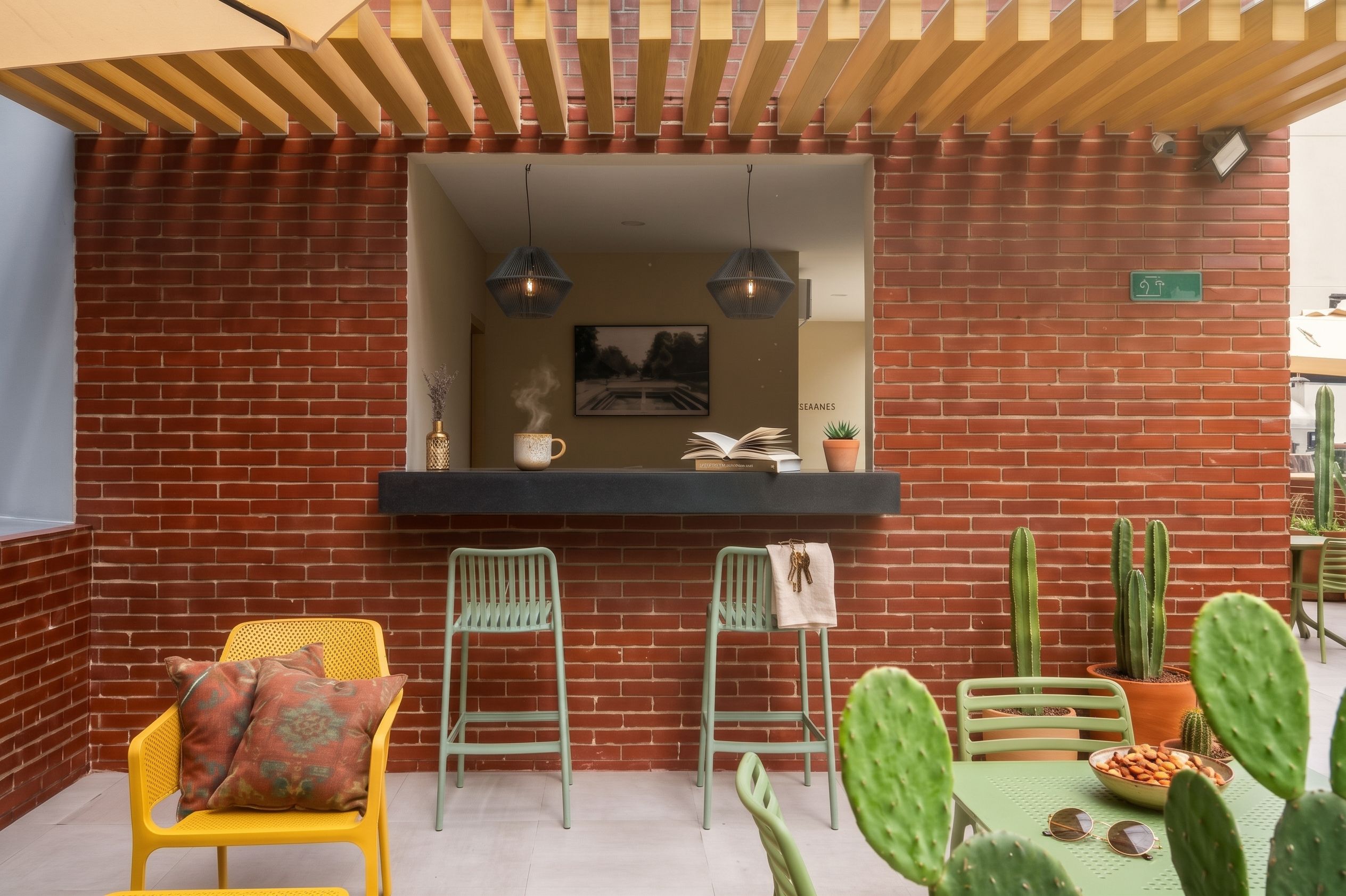 Un patio acogedor con pared de ladrillo, dos sillas verdes, una silla amarilla, una mesa con cactus y un colgante de luz.