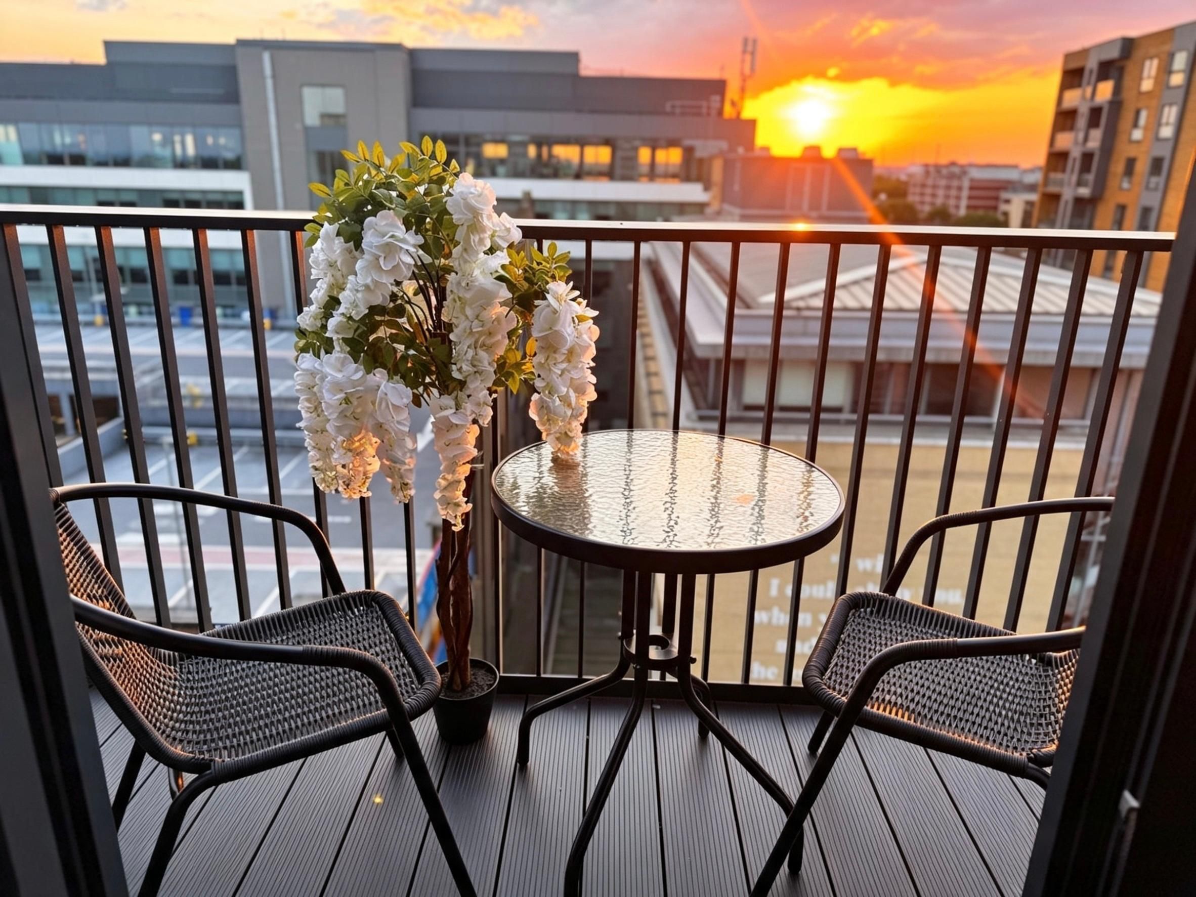 A balcony with two wicker chairs and a small round table, overlooking a cityscape during sunset.
