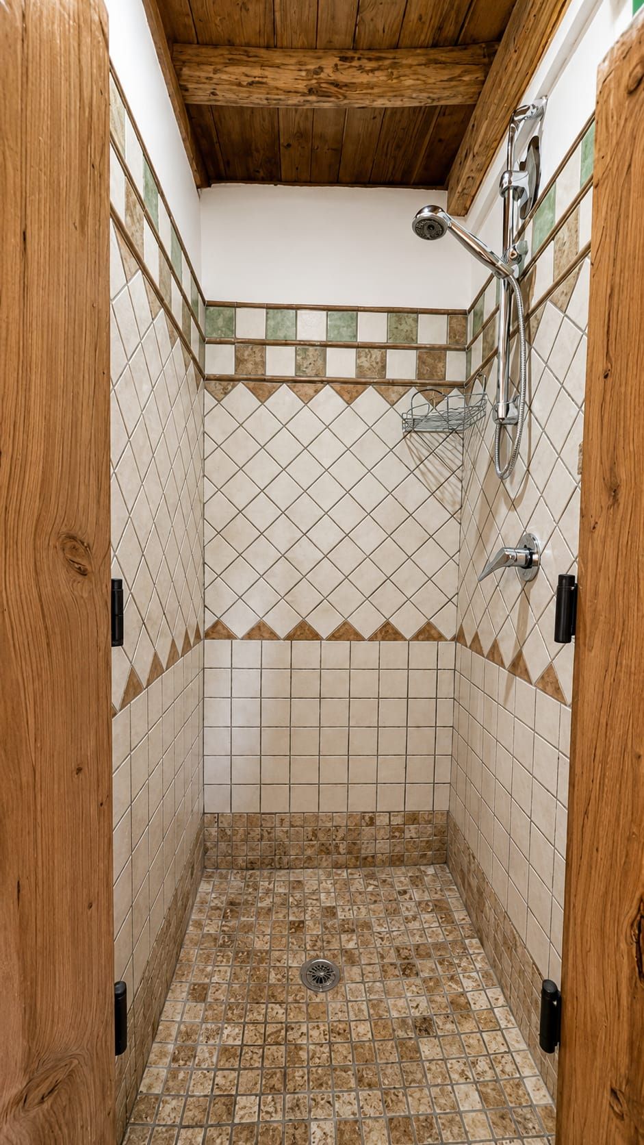 Eine Dusche mit gefliestem Boden und Wänden, einer Holzbalkendecke und einem Duschkopf.