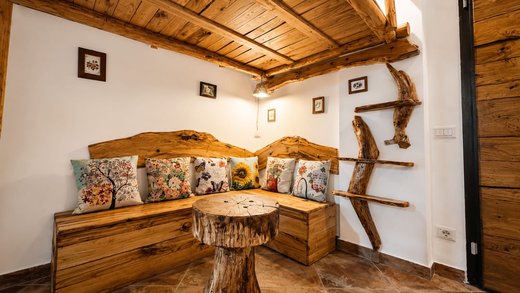 Une pièce chaleureuse avec un banc en bois, une table ronde en bois et une décoration murale rustique.
