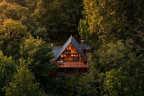 A cabin nestled in a forest, surrounded by dense trees.