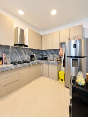 A modern kitchen with a stainless steel refrigerator, a gas stove, and a built-in oven. - Luxury family villa with a private pool, spacious rooms, and top-notch amenities (Puerto Morelos)