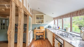 A kitchen with a gas stove, wooden cabinets, and a window with a view of greenery.