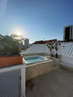 Una terrazza sul tetto con idromassaggio, piante in vaso e cielo sereno.