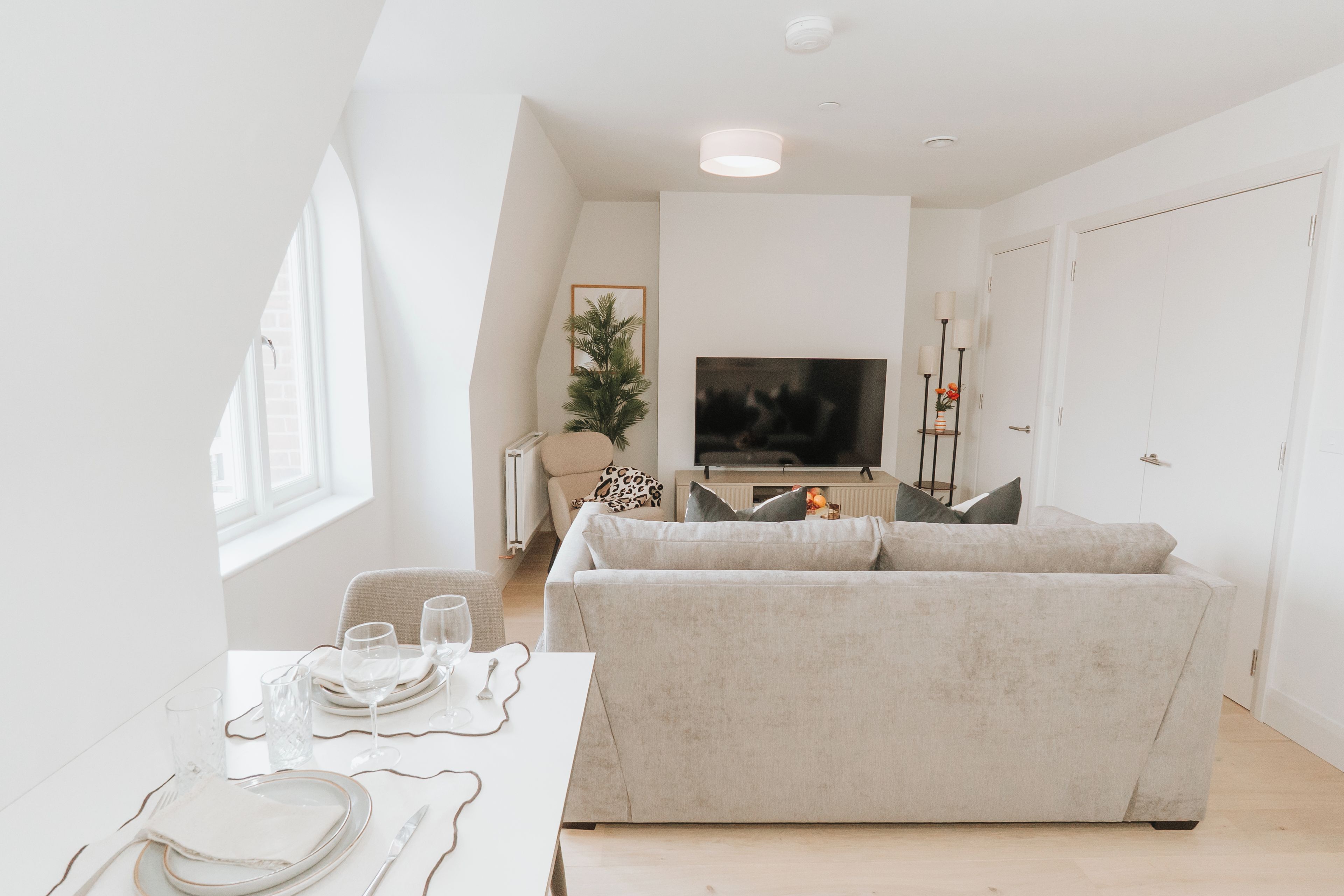 A modern living room with a sofa, a dining table set with plates and glasses, a television, and a plant.