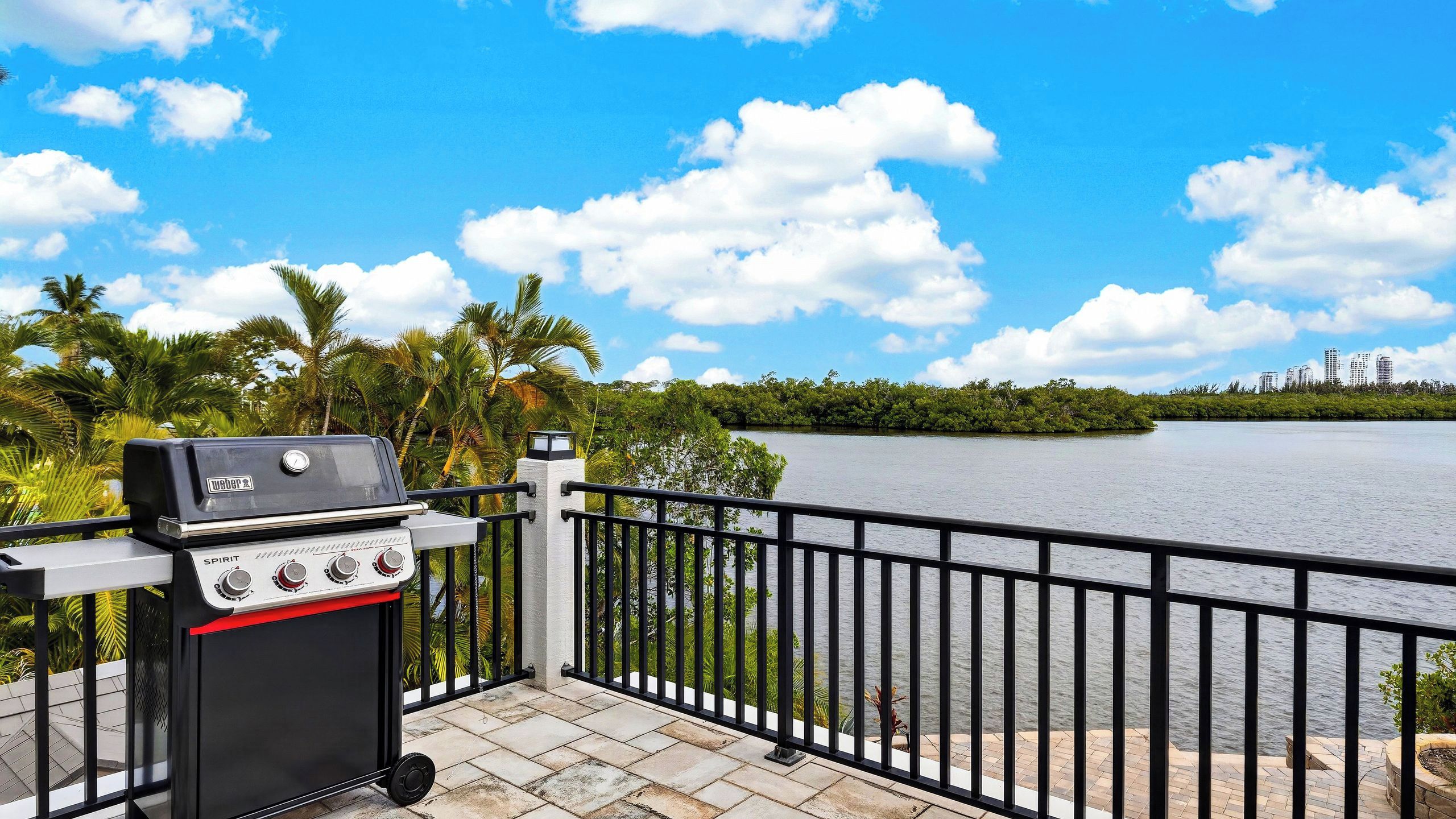 A grill on a balcony with a view of a river and palm trees.