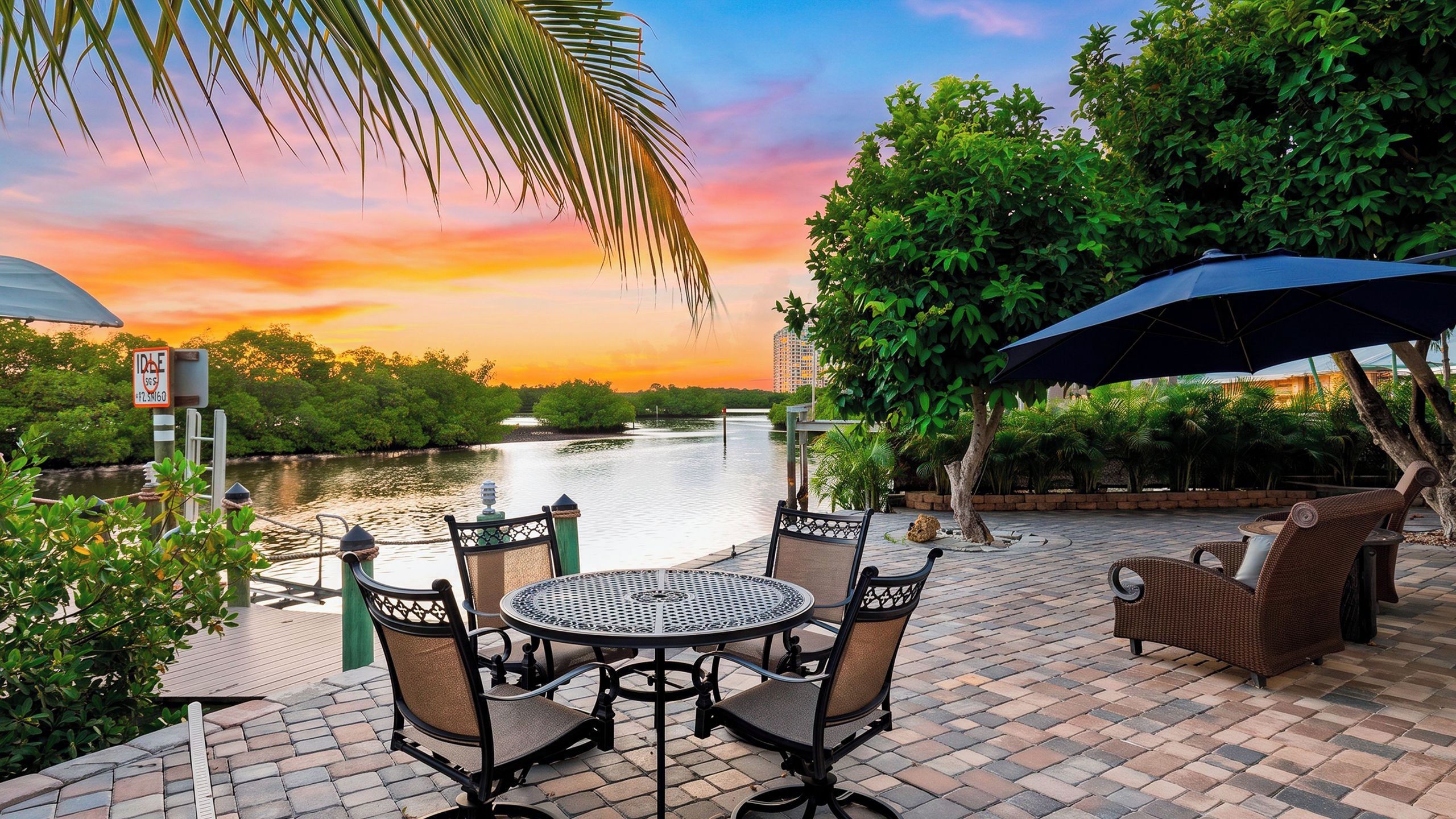 A patio with a round table and chairs, overlooking a body of water with a sunset in the background.