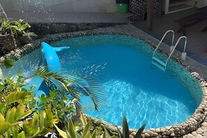 Ein Swimmingpool mit einem auf Delfin geformten Schwimmding, umgeben von Steinen und Pflanzen.
