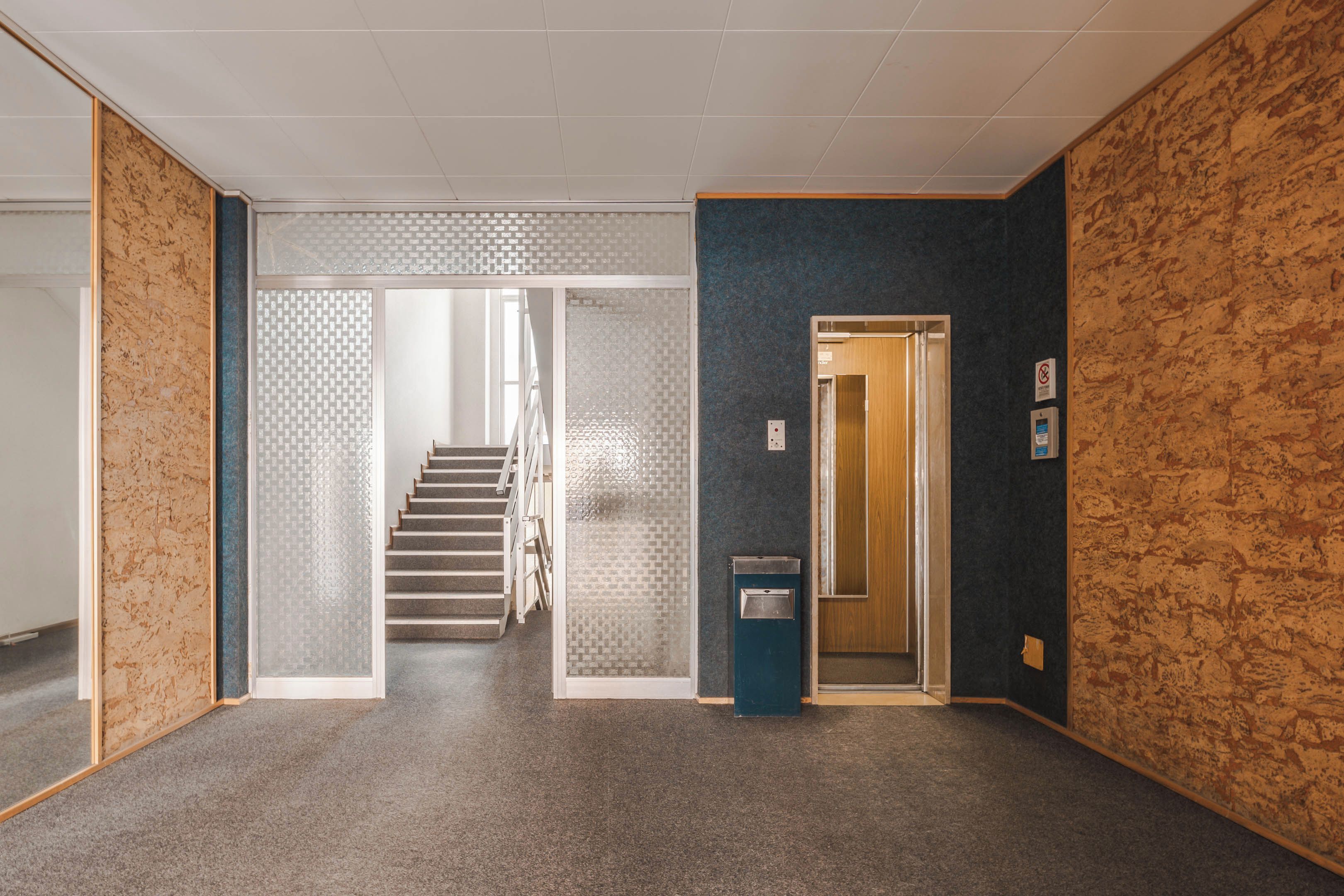 A hallway with a carpeted floor, a staircase, and a door leading to another room.