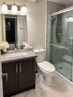 Un baño moderno con ducha de vidrio, inodoro blanco y tocador con espejo e iluminación.