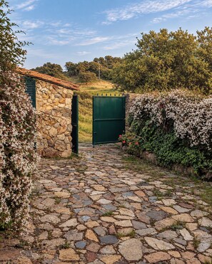 Un chemin de pierre menant à une porte verte, entouré de murs de pierre et de plantes en fleurs.