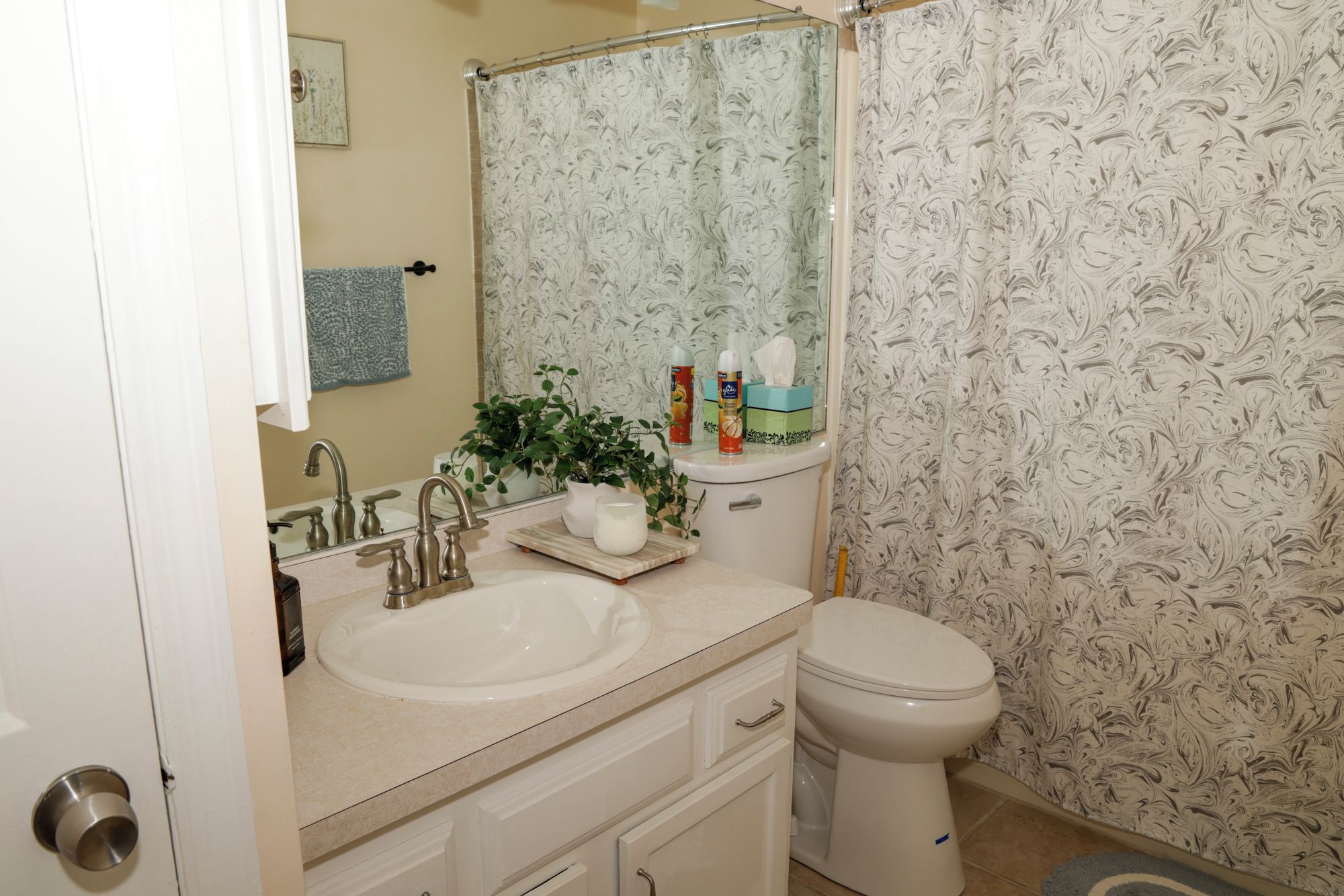 A bathroom with a sink, mirror, toilet, and shower curtain.