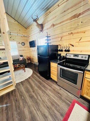 A wooden cabin interior with a kitchen, a dining area, and a living room.
