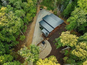 A cabin surrounded by dense forest, with a dirt road leading to it. - Mountain-Modern Blue Ridge Retreat with Sauna, Hot Tub & Year-Round Views (Blue Ridge)