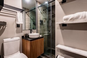 A modern bathroom with a glass shower enclosure, a white sink, and a toilet. - Gallery-Style Loft, Workspace & Prime Location (Mexico City)