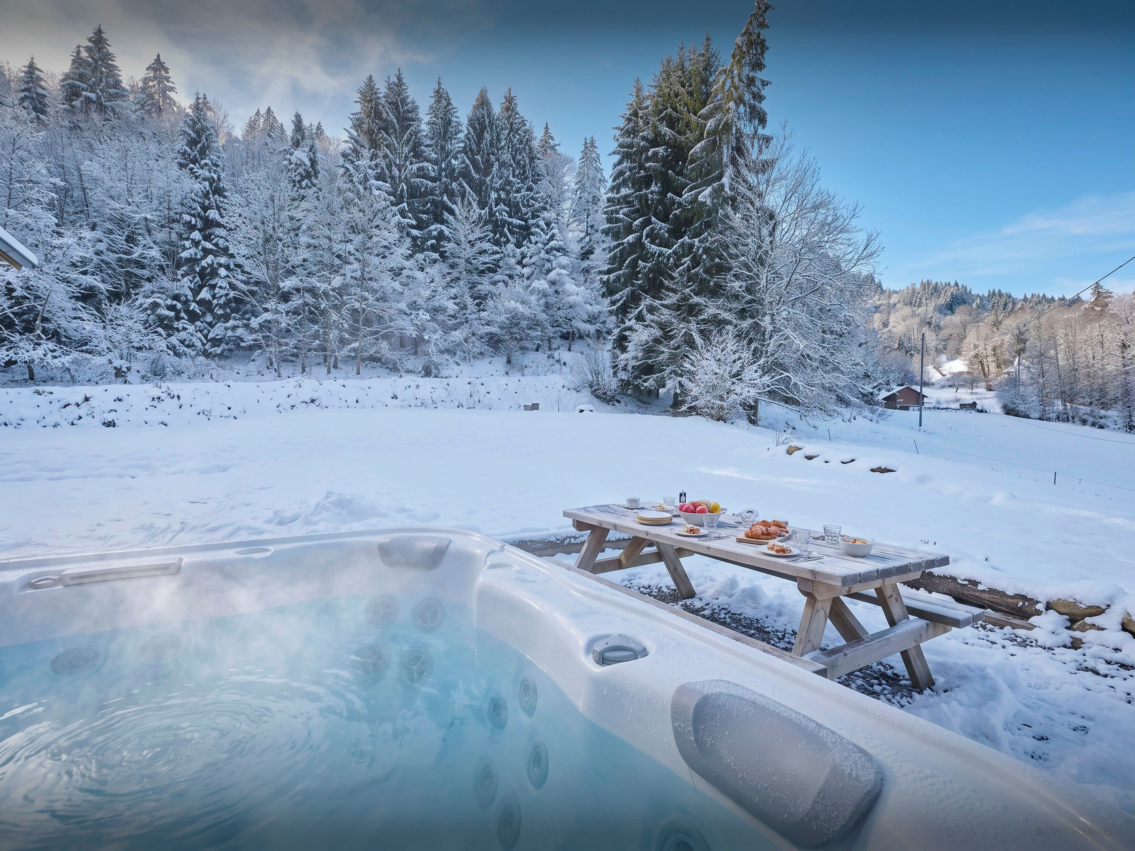 A snow-covered landscape with a hot tub and picnic table.
