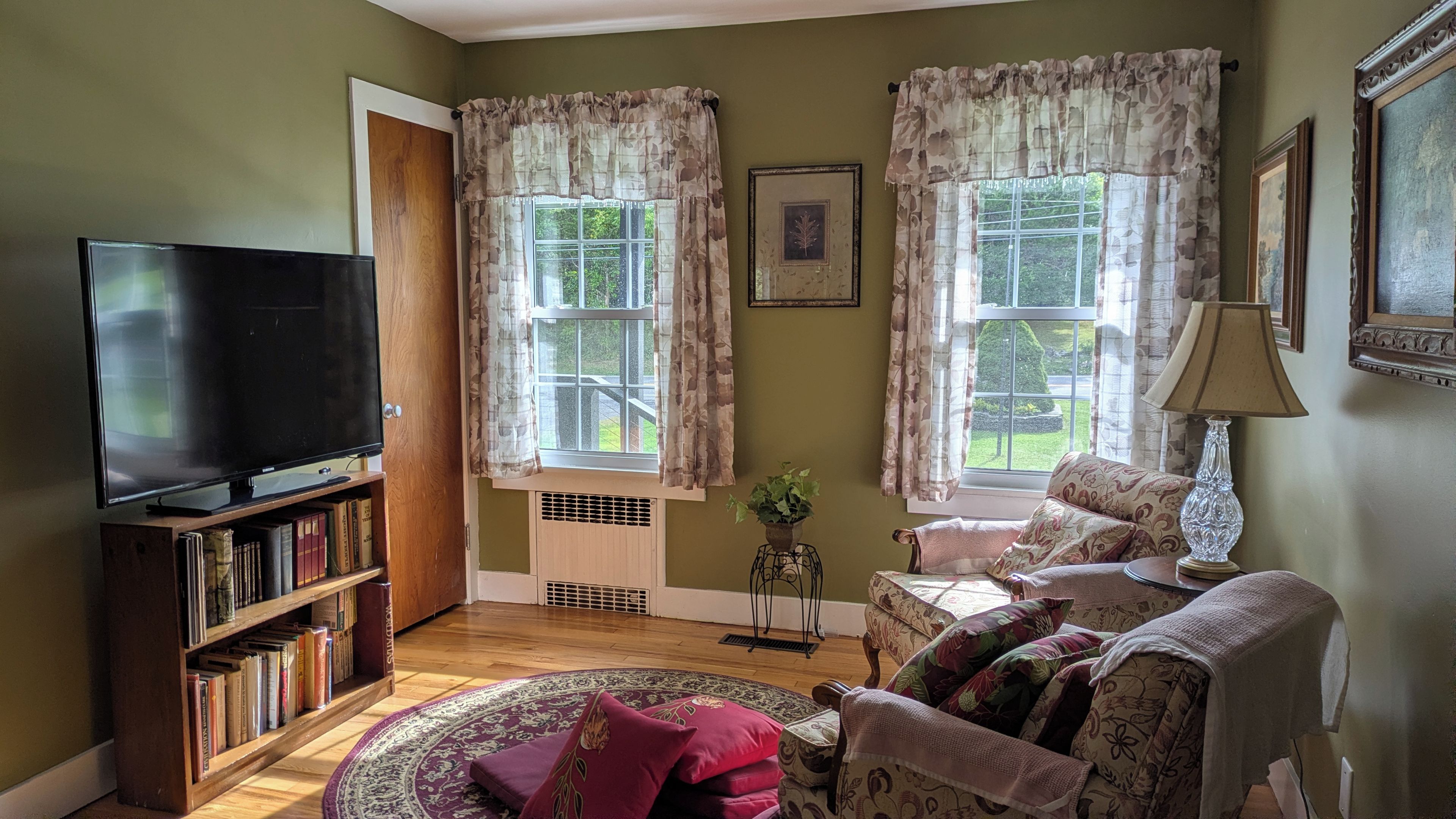 A living room with a television, bookshelves, a sofa, and two windows with curtains.
